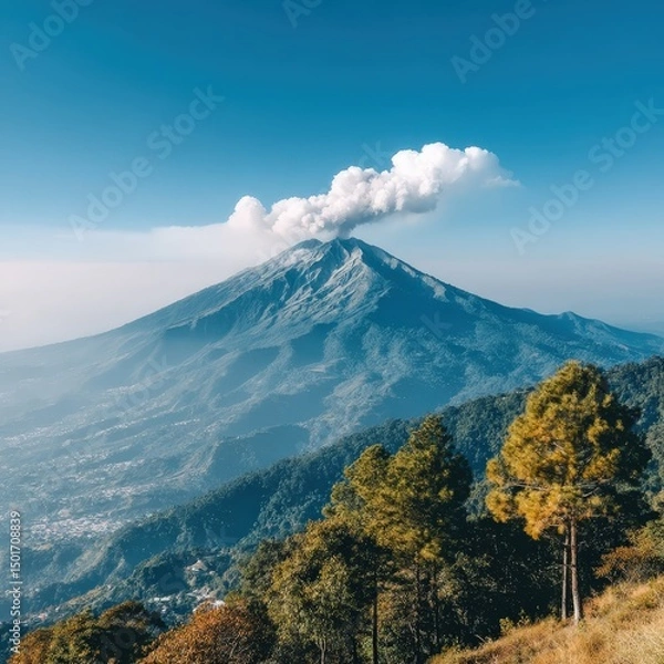 Fototapeta A majestic volcano gently emits a cloud of white smoke into the clear blue sky, rising above a lush green forest and distant mountains in the scenic landscape.