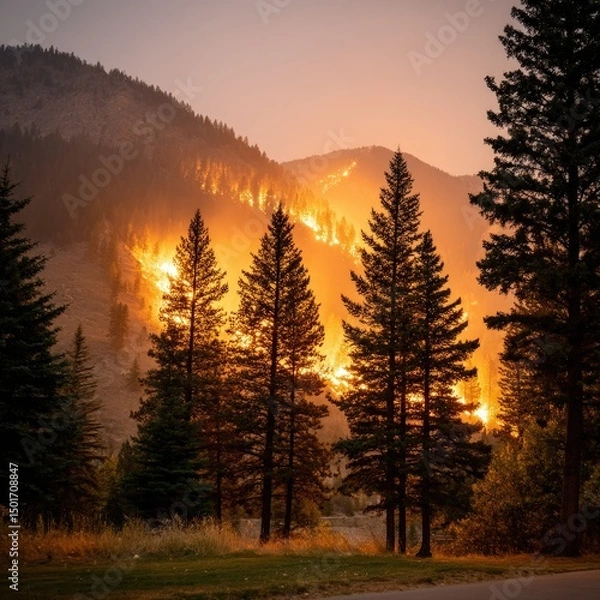 Fototapeta Wildfire burns intensely across a mountainside forest as tall evergreen trees stand silhouetted against the orange glow du a hot, dry evening in nature.