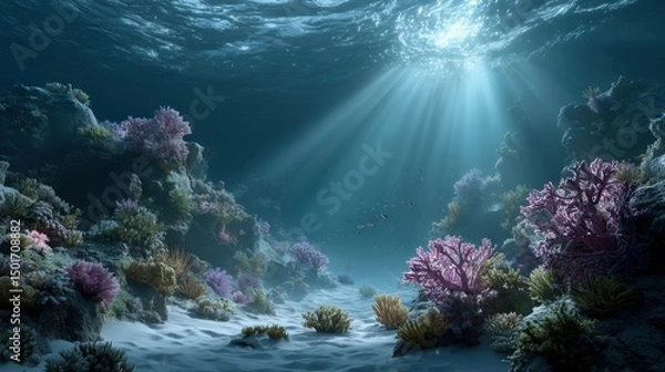 Fototapeta Sunlight streams through the ocean's surface illuminating colorful coral reefs along the seafloor in this calming and serene underwater marine environment scene.