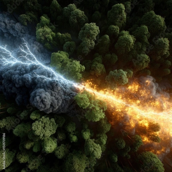 Fototapeta A dramatic aerial view shows a powerful clash between a lightning storm and raging fire, splitting a lush forest into realms of destruction and untamed energy.