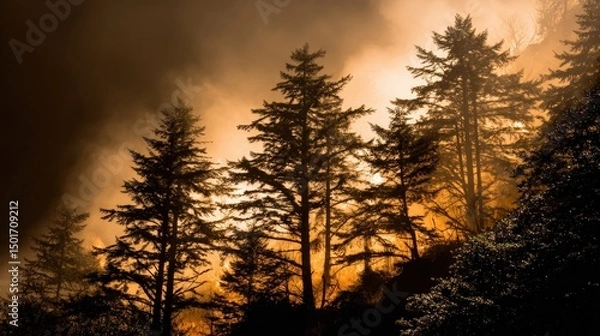 Fototapeta Moody coniferous forest landscape with silhouetted trees against an orange, hazy sky, creating a dramatic and mysterious atmosphere in a nature setting.
