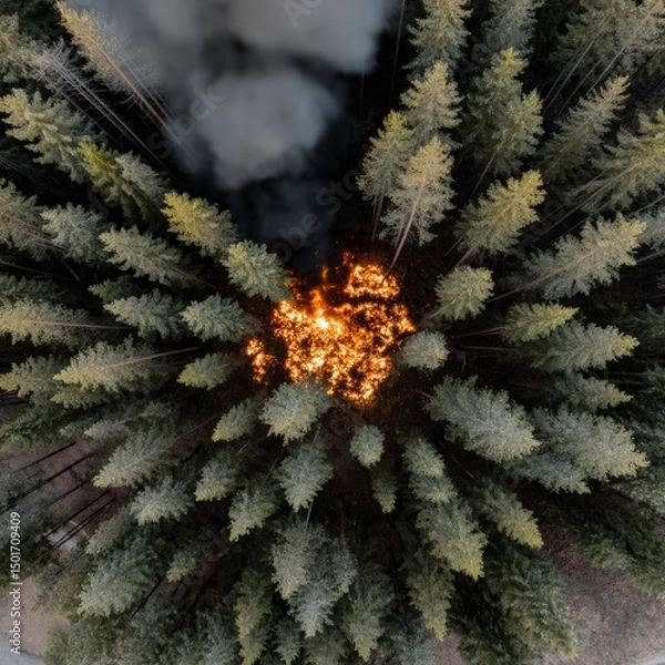 Fototapeta An aerial perspective showcases an active forest fire burning intensely amidst tall green trees, generating smoke plumes rising towards the sky above the coniferous woodland.