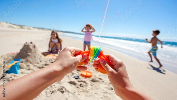 Fototapeta  POV hands prepare colorful kite for family beach day fun as children play in summer sun. Active outdoor vacation, creating joyful childhood memories concept