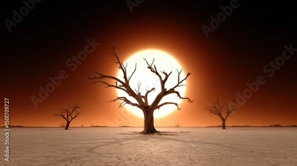 Fototapeta Solitary barren trees stand silhouetted against a blazing sun in arid desert landscape evoking drought, climate change, and environmental desolation now.