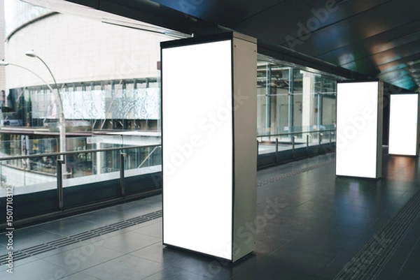 Fototapeta Empty advertising screen with white mockup in urban pedestrian bridge, daylight reflections on glass and metal architecture highlighting futuristic commercial design