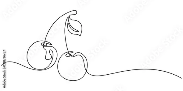 Obraz Cherry minimalistic design. Hand drawn sketch, Continuous one single minimal line drawing Cherry, continuous line cherry vector illustration with transparent background editable stroke, Red cherry.