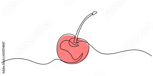 Obraz Cherry minimalistic design. Hand drawn sketch, Continuous one single minimal line drawing Cherry, continuous line cherry vector illustration with transparent background editable stroke, Red cherry.