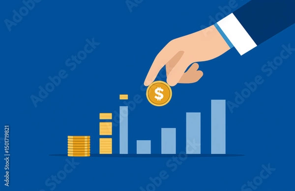 Obraz The hand of a businessman stacking coins with a graph showing growth up on a blue background