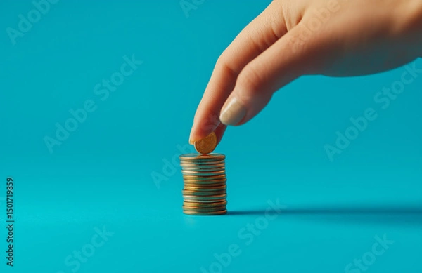 Obraz The hand of a businessman stacking coins with a graph showing growth up on a blue background
