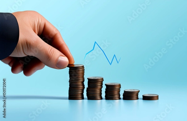 Obraz The hand of a businessman stacking coins with a graph showing growth up on a blue background