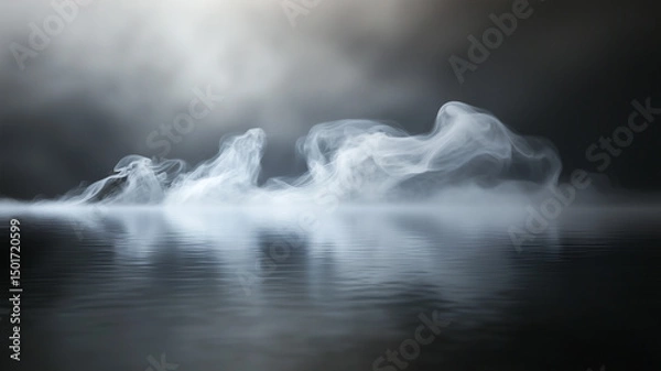 Obraz Wisps of fog in soft white and gray hues gliding over a glossy black surface, moody lighting