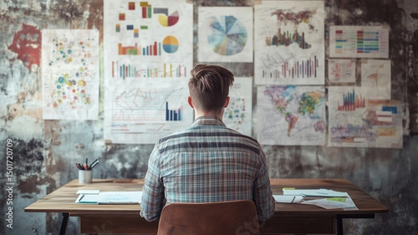 Obraz Young businessman working with charts and graphs on the wall, sitting at a desk in the office