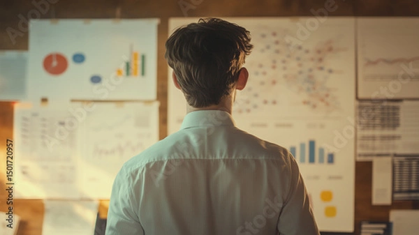 Obraz Young businessman working with financial data and charts on a wall poster in the office, shot from behind