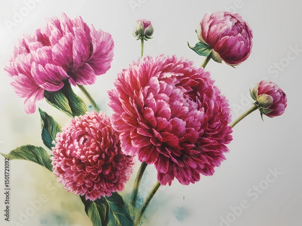 Fototapeta Lush pink peony flowers in full bloom with detailed petals and soft green leaves, presented against a neutral, light background.