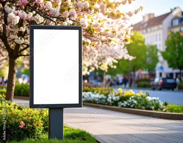 Fototapeta Blank Billboard on Sidewalk with Blossoming Cherry Trees in Urban Setting