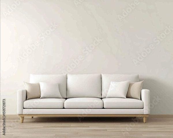 Fototapeta A photorealistic view of a plain white wall with a modern neutralcolored sofa placed in front of it the sofa has three simple cushions not overcrowded with l