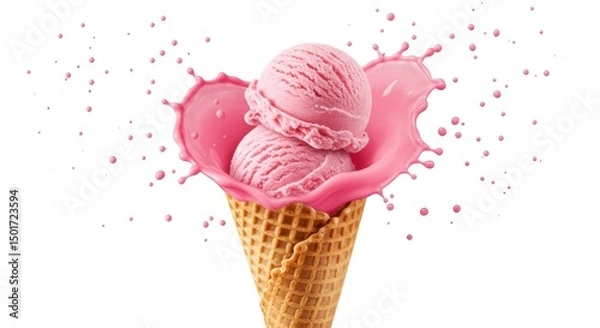 Obraz Two scoops of pink ice cream in a cone with a splash on a white background