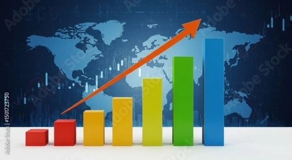 Obraz Colorful bar graph with upward arrow against a world map background