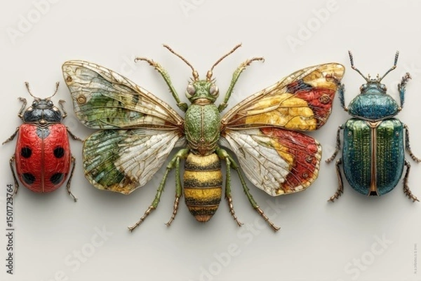 Fototapeta A collection of three colorful insects displayed on a neutral background. The insects include a red ladybug, a vibrant green and yellow moth, and a shiny blue beetle.
