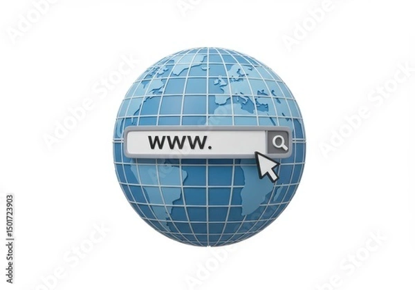 Obraz Globe with a search bar and cursor on a white background