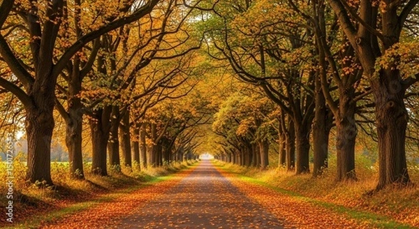 Obraz Autumn Tree Tunnel Road with Golden Leaves