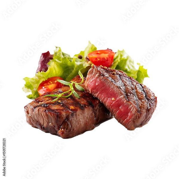 Fototapeta Grilled and sliced beef steak with rosemary isolated on a transparent background.