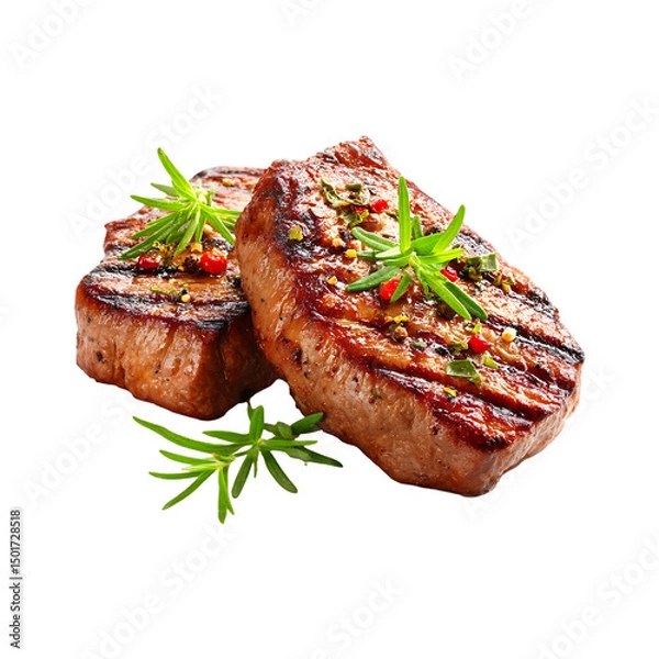 Fototapeta Grilled and sliced beef steak with rosemary isolated on a transparent background.