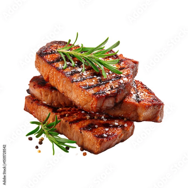 Fototapeta Grilled and sliced beef steak with rosemary isolated on a transparent background.