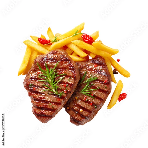 Fototapeta Grilled and sliced beef steak with rosemary isolated on a transparent background.