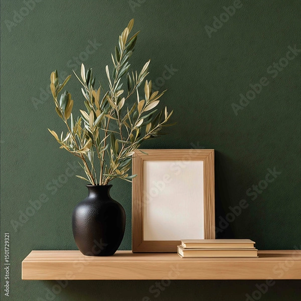 Fototapeta Modern forest green wall with soft matte texture wooden frame in front with white canvas black vase with olive branch and book nearby balanced composition wa