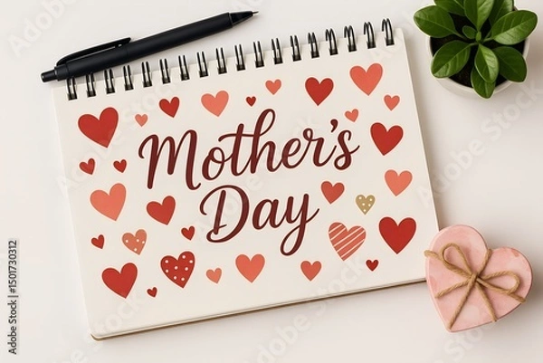 Obraz Mother’s Day Notebook with Hearts, Gift Box and Pen Flat Lay. Happy Mothers day, Mothers Day Banner