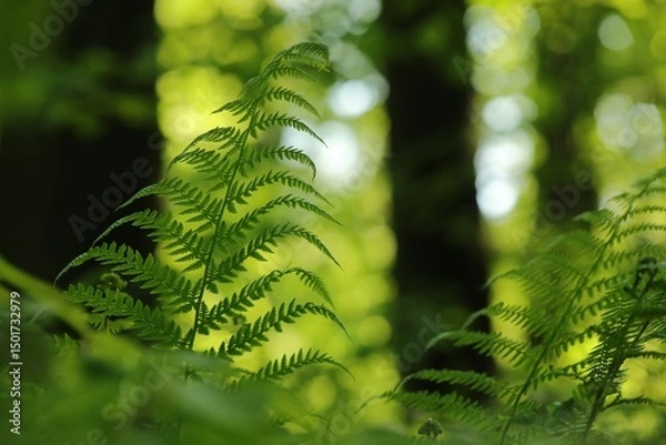 Fototapeta Fern in the forest on a sunny spring morning,  Poland