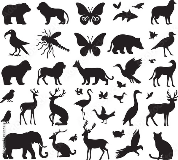 Obraz "Animal Silhouette Collection Set – Wildlife Vector Clipart with Birds, Deer, Elephants, and Bears"