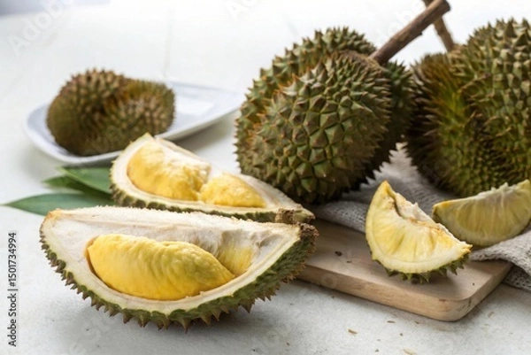 Fototapeta Fresh Durian Fruit Top View with Open Shell and Yellow Flesh