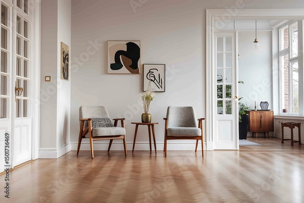 Fototapeta Elegant interior of a modern Scandinavian home room with designer armchairs a wooden side table and contemporary art on the wall in a minimalist style with a