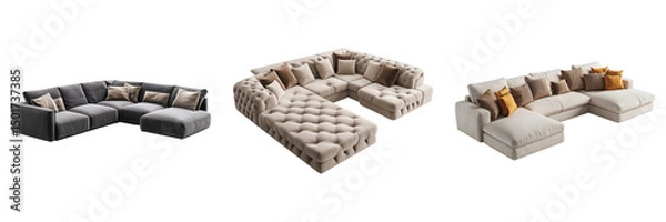 Fototapeta Three different types of couches are shown, each with a different color