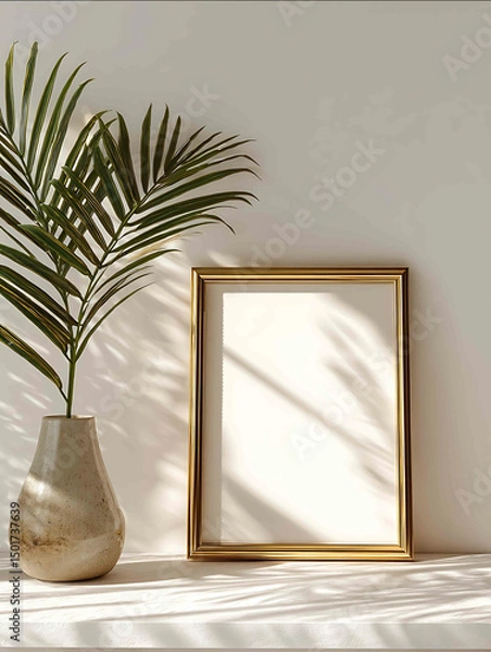Fototapeta single picture frame gold on a white wall in sunlight with a plant on the side Mockup simple frame ratio 3x4 various perspectives
