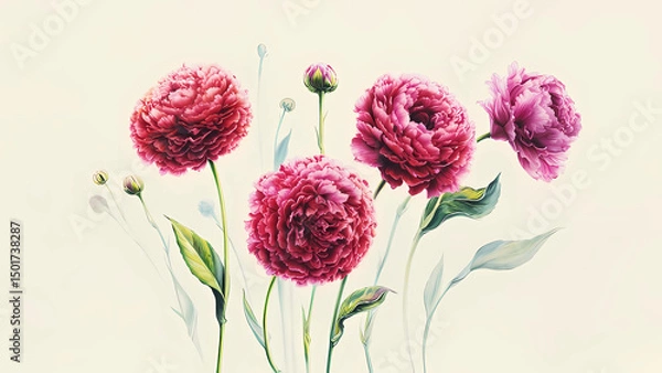 Fototapeta Delicate watercolor painting featuring blooming pink peonies with fine green leaves and stems on a soft, light background. 