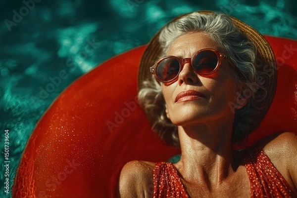 Fototapeta Elderly Woman Relaxing on Inflatable Pool Ring During Summer Vacation