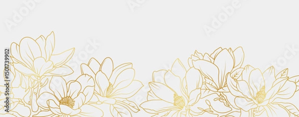 Obraz Luxury gold magnolia flowers background. Floral pattern tropical in line art style for greeting, invitation, wedding card, wall art, wallpaper and print. Vector illustration