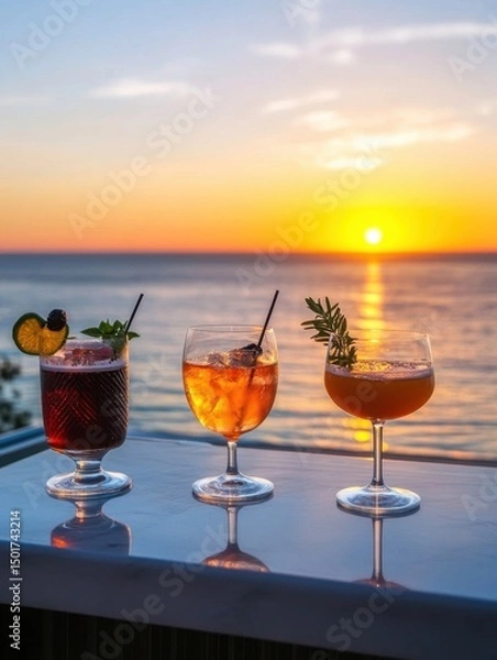 Fototapeta Three cocktails on a table at sunset overlooking the ocean in a tropical location with bright orange sky and sun