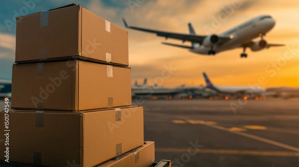 Fototapeta Boxes on a cargo truck being transported to an airplane for air transport, with the background showing an airport runway and a plane in the distance.