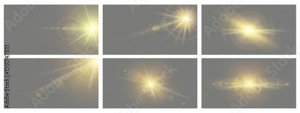 Fototapeta Sunlight effect. Realistic sun rays light glare, transparent sunbeams lens flare, shining star glow, natural yellow sparkles. Summer sunshine. Vector isolated 3D starburst set