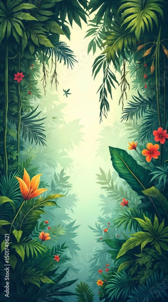 Fototapeta Lush tropical rainforest path with vibrant flowers and foliage. Sunlight filters through the dense canopy, creating a mystical atmosphere. 