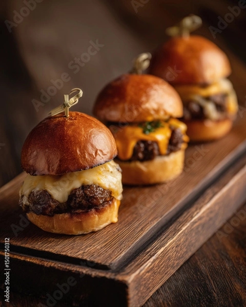 Fototapeta Three sliders with cheese on a wooden board
