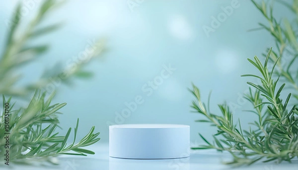 Obraz blurred light blue background at the bottom of the frame, empty blue podium, rosemary sprigs on the sides, top and bottom, for advertising a cosmetic product