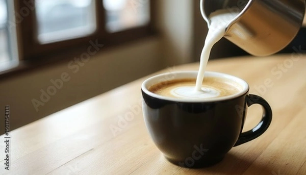 Fototapeta A black coffee cup with milk poured into it. The cup is on a wooden table. Concept of warmth and comfort, as the coffee is a popular beverage for relaxation and enjoyment