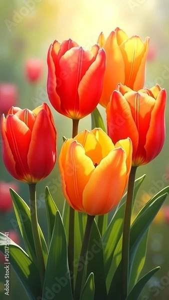 Fototapeta red e  and yellows e  tulip y , luminaries e xia under soft sunlight in a garden surrounded by blurred greenery and flowers.  