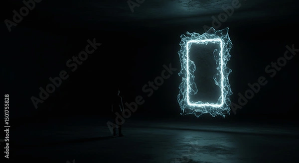 Obraz A person stands at the edge of a dark room, looking toward an abstract floating light portal. The light has water-like texture and liquid crystal behavior, simulating a mystical emotional interface.
