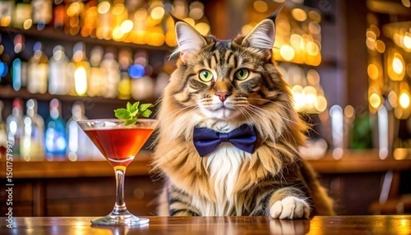 Fototapeta Dressed cat at bar with drink, background of bottles and blurred lights